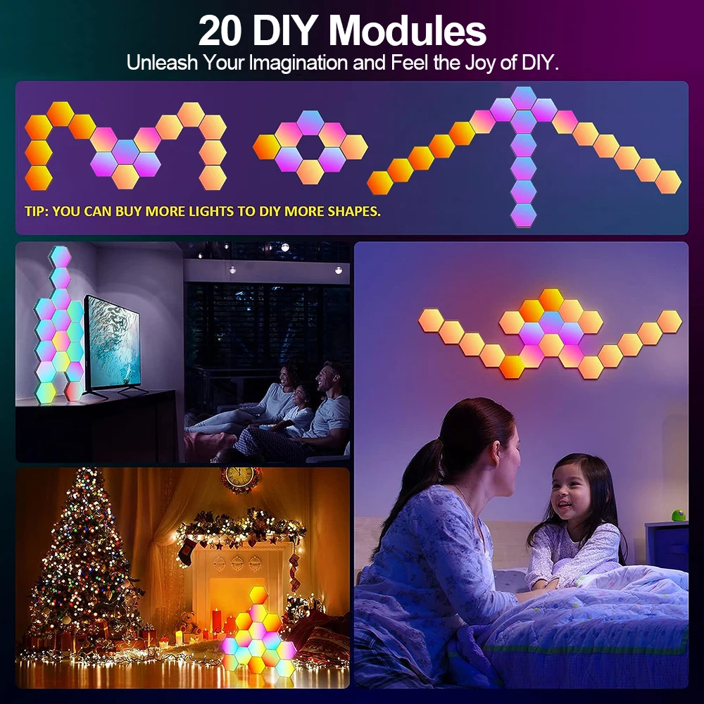 RGB Smart Hexagonal Wall Lamp Color changing Ambient Night Light DIY Shape Music Rhythm APP For Game Room Bedroom Intelligent - Image 5