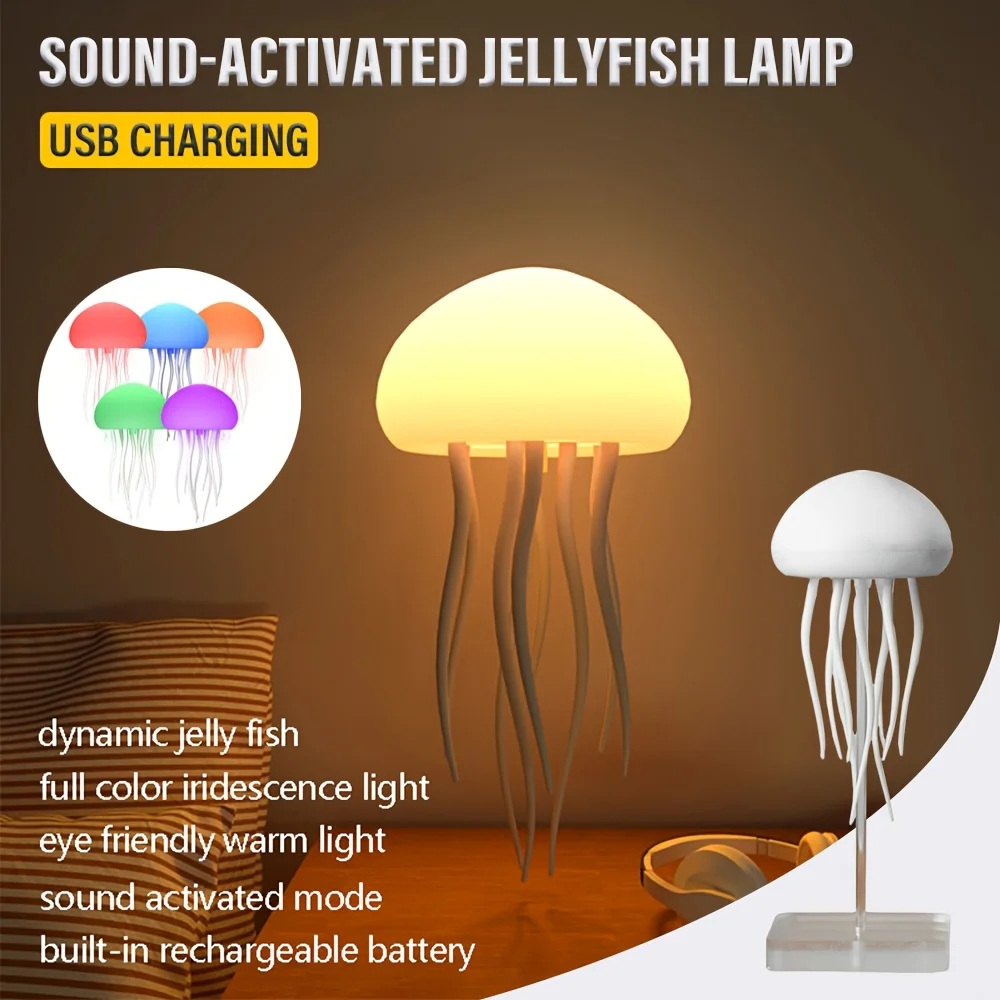 Modern Jellyfish Color-Changing Night Light Features a polished plastic base Ocean-themed illumination Rechargeable