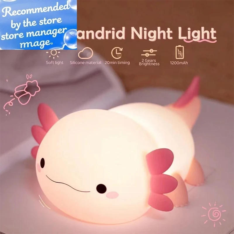 Cute Axolotl Night Light Silicone Nursery Sleeping Lamp Touch Control Nightlights USB Rechargeable Table Lamp for Baby Child