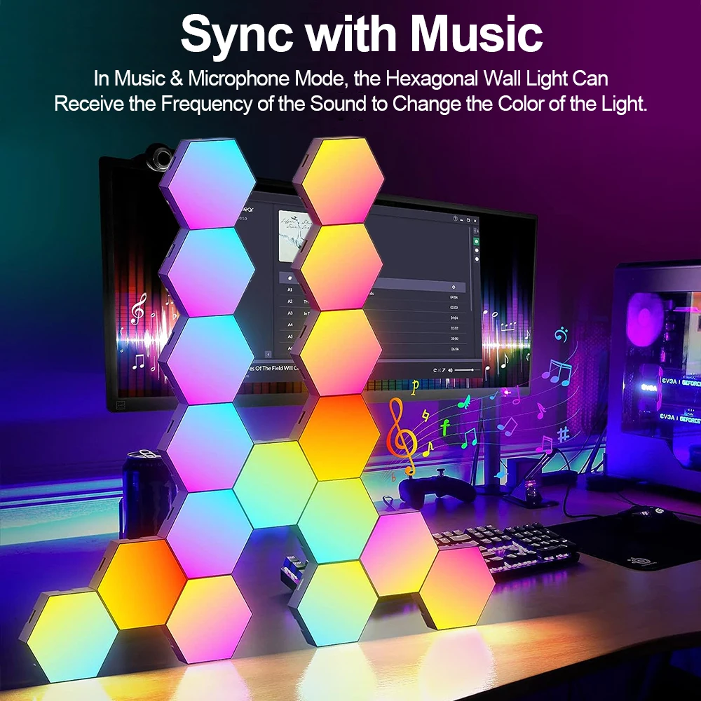 RGB Smart Hexagonal Wall Lamp Color changing Ambient Night Light DIY Shape Music Rhythm APP For Game Room Bedroom Intelligent - Image 4